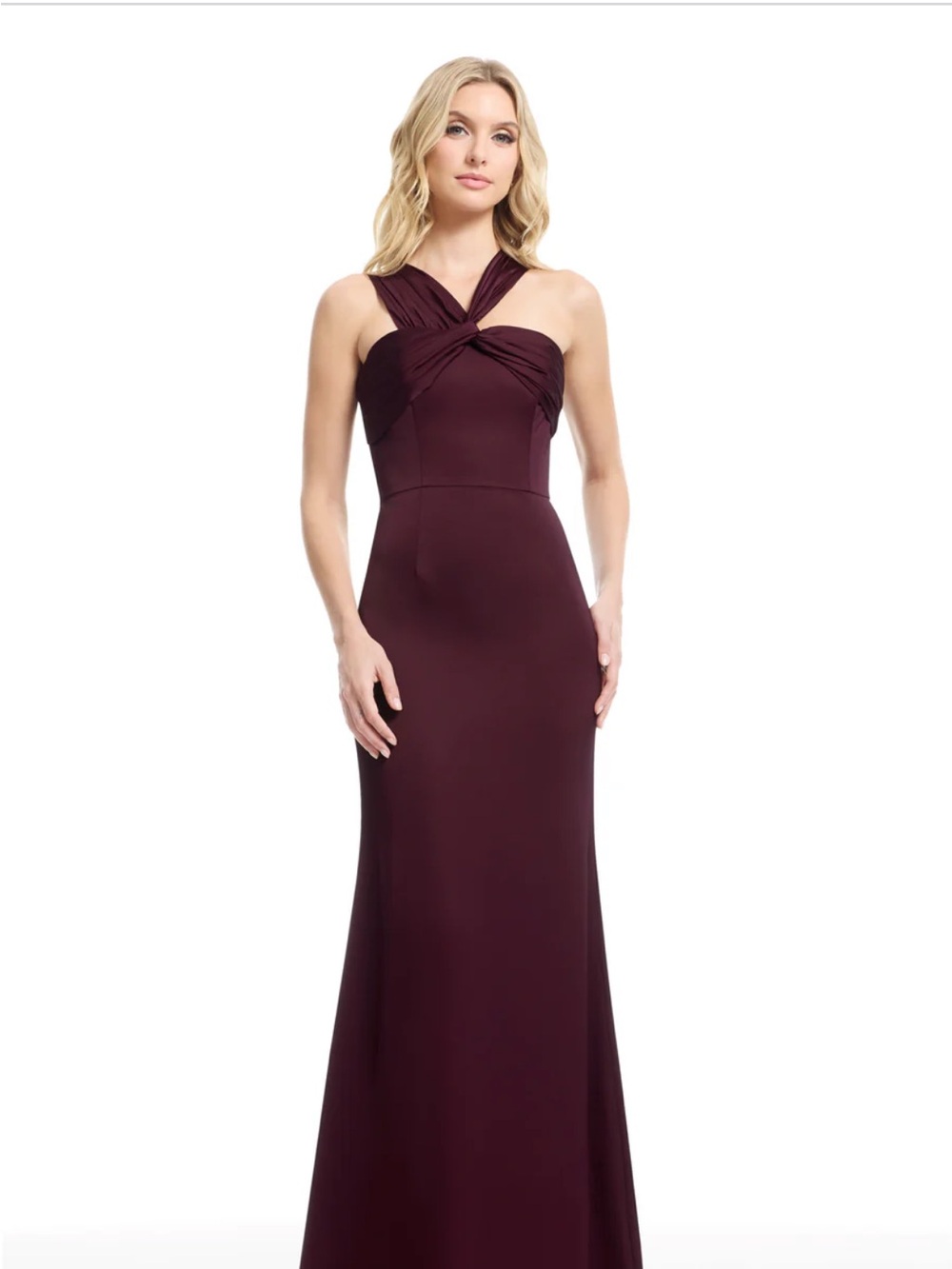 Dress the Population Twisted Cross-Strap Maxi in Burgundy